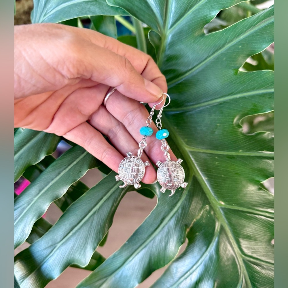 Silver Turtle Earrings with Turquoise Beads